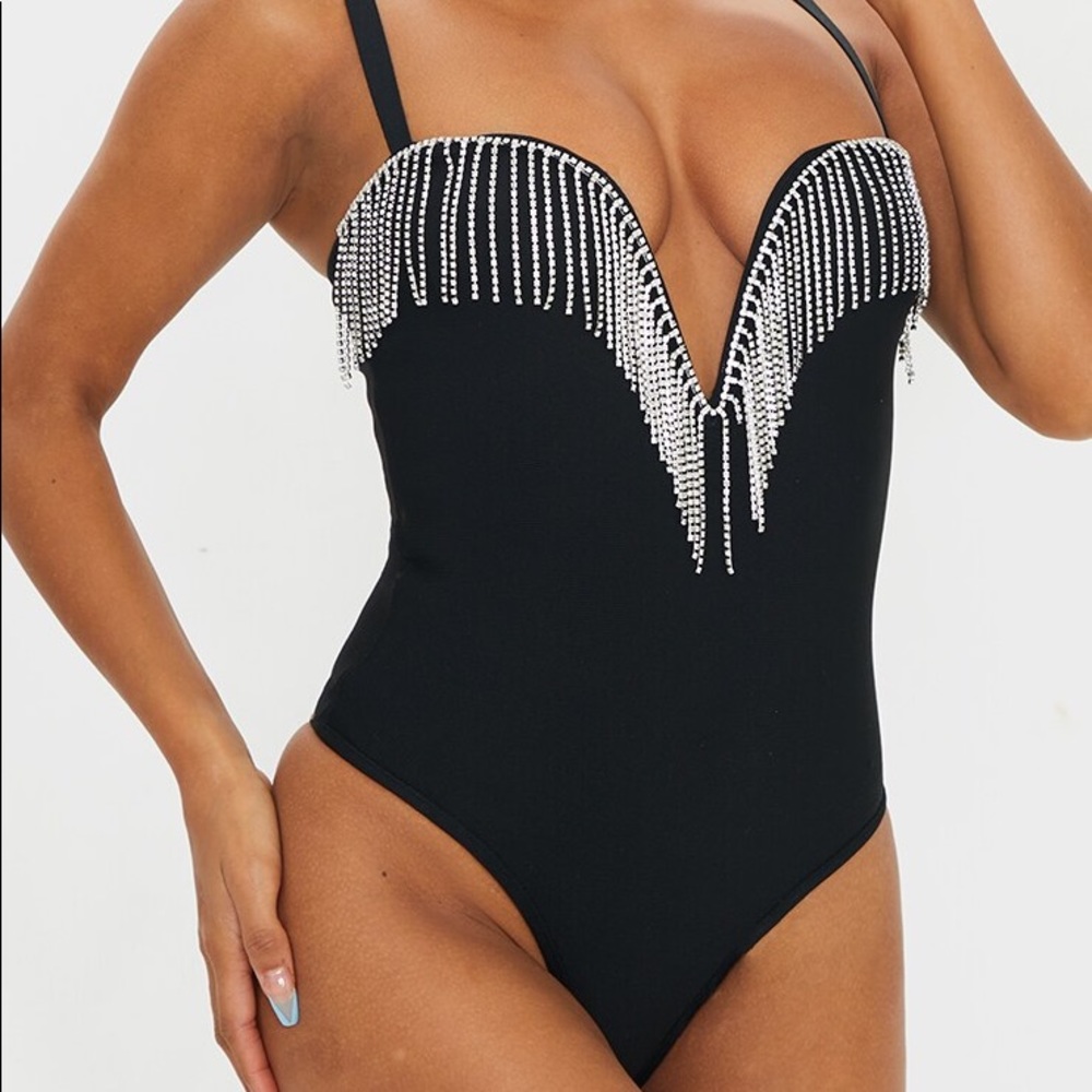PLT Black Bandage Diamanté Plunge Trim Bodysuit